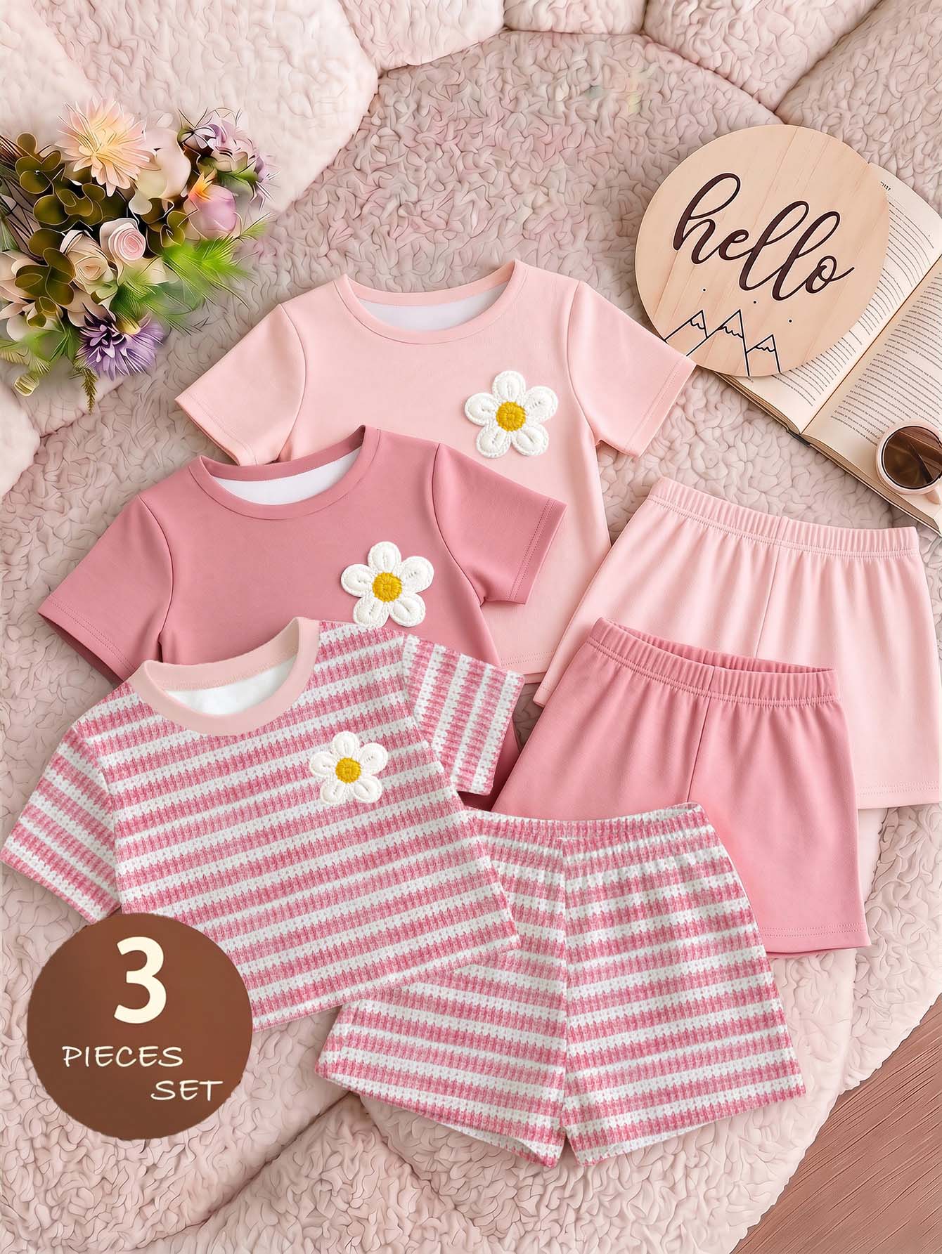 3pcs Baby Girl Floral Decoration Short-Sleeved Tee, For Casual Everyday Wear 3 PIECES SET - White - View 1
