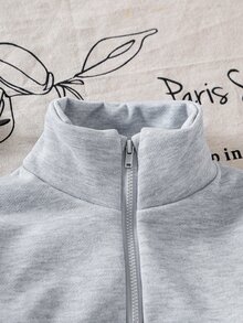 SHEIN Elladie kids 女童秋季聖誕休閒衛衣，半拉鍊前開襟蕾絲飾邊袖套頭衫，柔軟日常校園穿著 - 灰色 - 查看 6