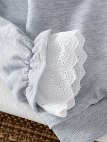 SHEIN Elladie kids 女童秋季聖誕休閒衛衣，半拉鍊前開襟蕾絲飾邊袖套頭衫，柔軟日常校園穿著 - 灰色 - 查看 5