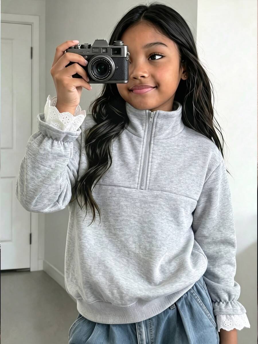 SHEIN Elladie kids 女童秋季聖誕休閒衛衣,半拉鍊前開襟蕾絲飾邊袖套頭衫,柔軟日常校園穿著 - 灰色 - 查看 1