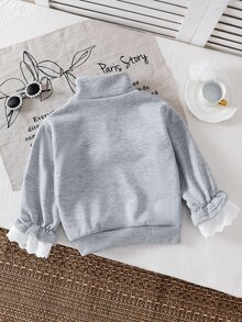 SHEIN Elladie kids 女童秋季聖誕休閒衛衣，半拉鍊前開襟蕾絲飾邊袖套頭衫，柔軟日常校園穿著 - 灰色 - 查看 2