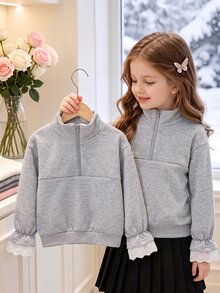 SHEIN Elladie kids 女童秋季聖誕休閒衛衣，半拉鍊前開襟蕾絲飾邊袖套頭衫，柔軟日常校園穿著 - 灰色 - 查看 3