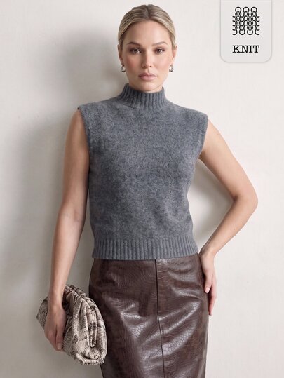 Rouah Women's Minimalist Ribbed High Neck Fashion Knit Vest - AW26, FW26, Funnel Neck Knitwear, Turtle Neck Knitwear, Knitted Fluffy Vest Top, Winter Warmth, Layering Knitwear, Sweater Vest For Fall, Premium Knit Vest