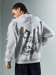 ROMWE MEN 男士骷髏印花休閒連帽拉鍊運動外套，麻灰色 - 灰色 - 查看 2