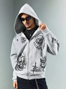 ROMWE MEN 男士骷髏印花休閒連帽拉鍊運動外套，麻灰色 - 灰色 - 查看 7