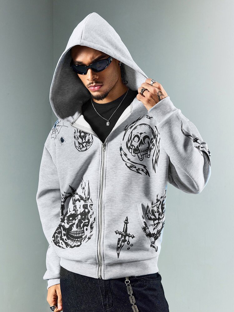 ROMWE MEN Men's Skull Print Casual Hooded Zip-Up Sweatshirt Jacket, Heather Grey - Grey - View 7