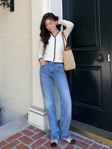Serisse 女款拼色休閒百搭日常穿著長袖開襟衫 - 白色 - 查看 4