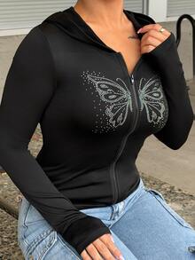 SAYEHFBABY Slim Fit Long Sleeve Hoodie T-Shirt With Rhinestone Butterfly Pattern For Women Going Out Tops - Black - View 5