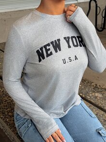 SAYEHFBABY 女式字母图案长袖 T 恤、休闲 T 恤、春季上衣 - 淺灰色 - 查看 5