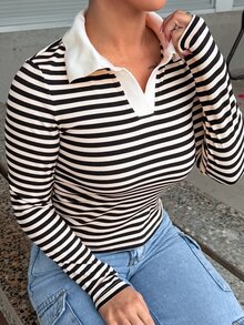 SAYEHFBABY Women Casual Striped Long Sleeve Top, Daily Wear School - Black - View 5