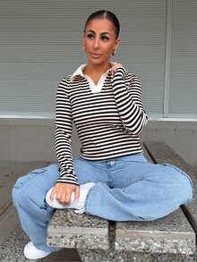 SAYEHFBABY Women Casual Striped Long Sleeve Top, Daily Wear School - Black - View 6