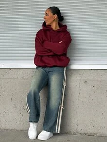 SAYEHFBABY 女式蝴蝶结拼布蝴蝶结装饰休闲直筒牛仔裤 Y2k - 淺色水洗藍 - 查看 1