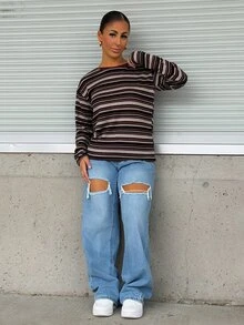 SAYEHFBABY 女式条纹印花圆领长袖 T 恤，秋季学院风上衣，秋季女装 - 酒紅色 - 查看 4