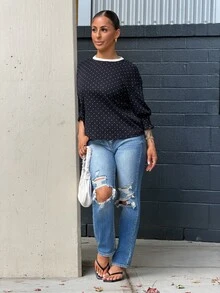 SAYEHFBABY 女款夏季條紋圓領短袖收口T恤 - 黑色 - 查看 3