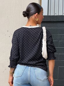 SAYEHFBABY 女款夏季條紋圓領短袖收口T恤 - 黑色 - 查看 2