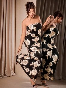 Cravure Plus Size Women Elegant Party Glamorous Banquet 3D Embroidered Strapless Long Black Dress - Black - View 4