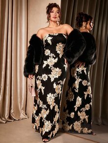 Cravure Plus Size Women Elegant Party Glamorous Banquet 3D Embroidered Strapless Long Black Dress - Black - View 6