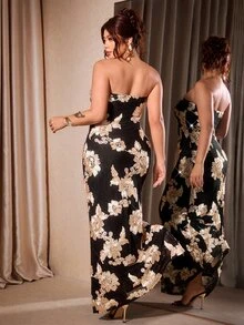 Cravure Plus Size Women Elegant Party Glamorous Banquet 3D Embroidered Strapless Long Black Dress - Black - View 2