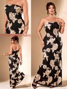 Cravure Plus Size Women Elegant Party Glamorous Banquet 3D Embroidered Strapless Long Black Dress - Black - View 7