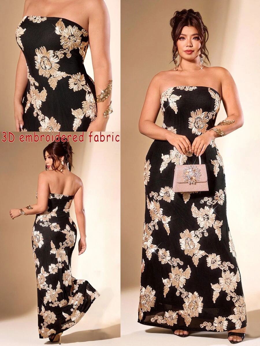 Cravure Plus Size Women Elegant Party Glamorous Banquet 3D Embroidered Strapless Long Black Dress - Black - View 1