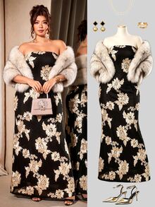 Cravure Plus Size Women Elegant Party Glamorous Banquet 3D Embroidered Strapless Long Black Dress - Black - View 3