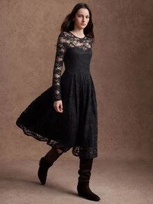 Zovinel Fashionable Women's Black Knitted Sexy Lace Dress - Black - View 4