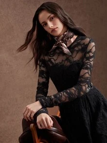 Zovinel Fashionable Women's Black Knitted Sexy Lace Dress - Black - View 7