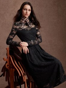 Zovinel Fashionable Women's Black Knitted Sexy Lace Dress - Black - View 8