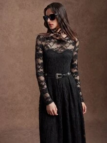 Zovinel Fashionable Women's Black Knitted Sexy Lace Dress - Black - View 5