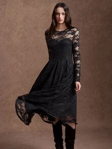 Zovinel Fashionable Women's Black Knitted Sexy Lace Dress - Black - View 1