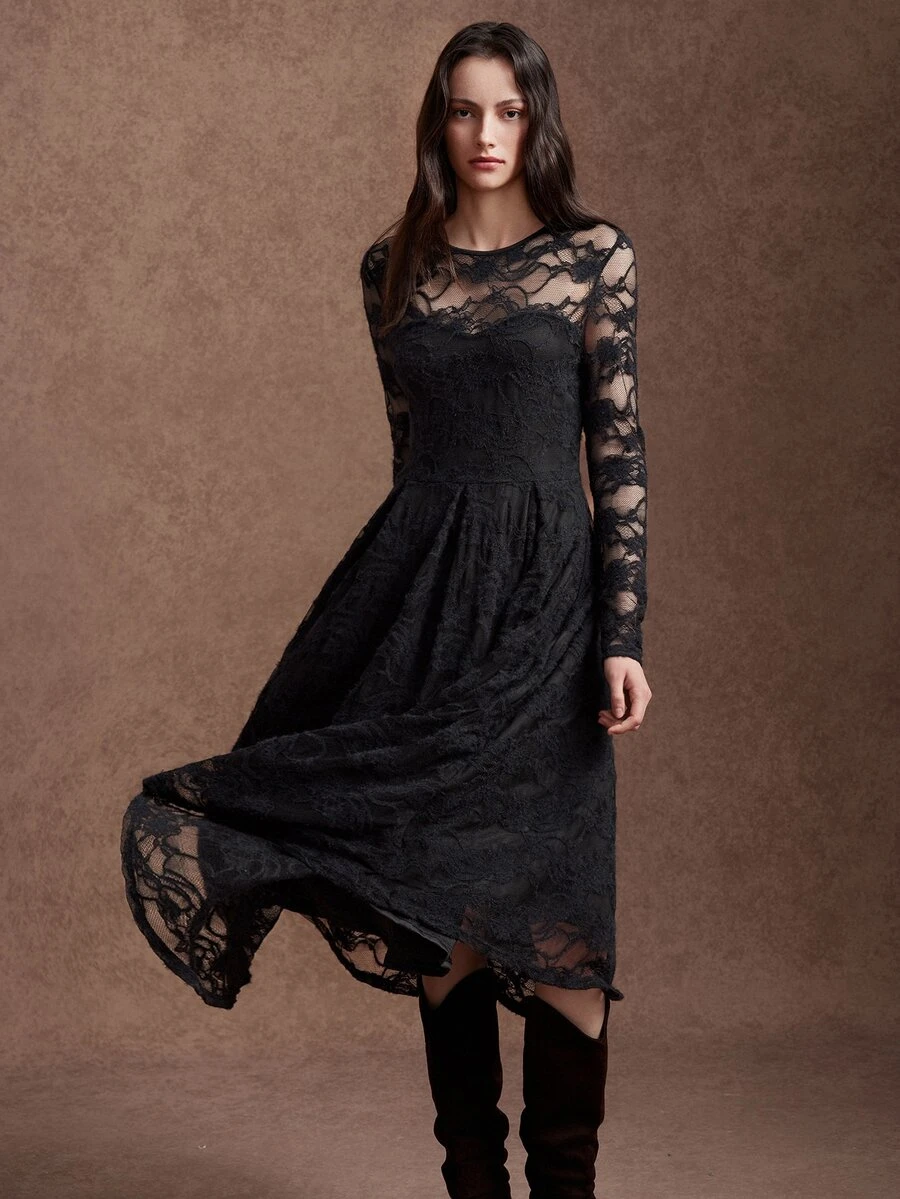 Zovinel Fashionable Women's Black Knitted Sexy Lace Dress - Black - View 1