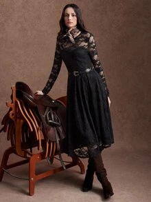 Zovinel Fashionable Women's Black Knitted Sexy Lace Dress - Black - View 9