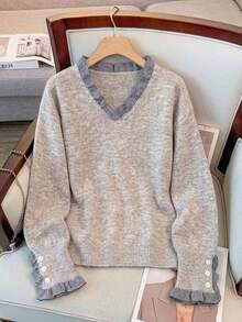 Elenzga Women's Autumn New Single Piece V-Neck Plaid Fabric Patchwork Design Loose Regular Fit Versatile Daily Lady Commute Knit Pullover Long Sleeve Sweater - Apricot - View 4