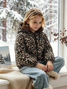 SHEIN Elladie kids 少女豹紋冬季外套，Y2K街頭風，秋冬校園健身穿搭，豹紋黑色上衣，天鵝絨加厚秋季夾克上衣 - 棕色 - 查看 5
