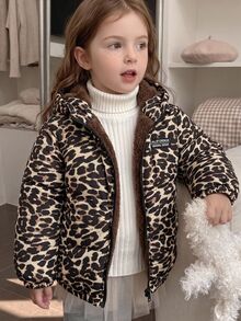 SHEIN Elladie kids 少女豹紋冬季外套，Y2K街頭風，秋冬校園健身穿搭，豹紋黑色上衣，天鵝絨加厚秋季夾克上衣 - 棕色 - 查看 4