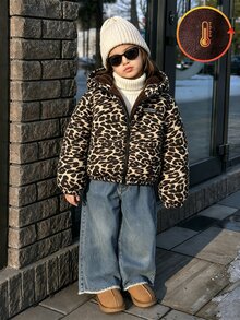 SHEIN Elladie kids 少女豹紋冬季外套，Y2K街頭風，秋冬校園健身穿搭，豹紋黑色上衣，天鵝絨加厚秋季夾克上衣 - 棕色 - 查看 1