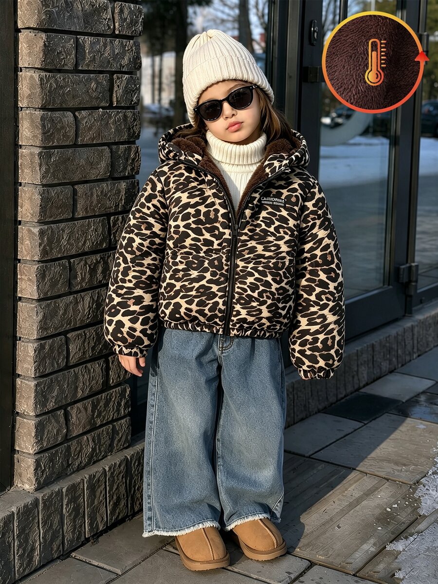 SHEIN Elladie kids 少女豹紋冬季外套,Y2K街頭風,秋冬校園健身穿搭,豹紋黑色上衣,天鵝絨加厚秋季夾克上衣 - 棕色 - 查看 1