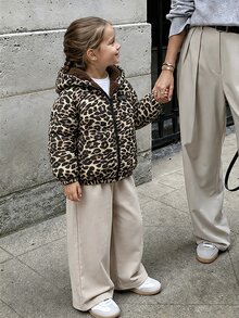 SHEIN Elladie kids 少女豹紋冬季外套，Y2K街頭風，秋冬校園健身穿搭，豹紋黑色上衣，天鵝絨加厚秋季夾克上衣 - 棕色 - 查看 6