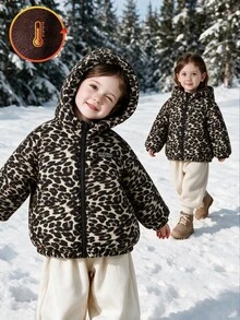 SHEIN Elladie kids 少女豹紋冬季外套，Y2K街頭風，秋冬校園健身穿搭，豹紋黑色上衣，天鵝絨加厚秋季夾克上衣 - 棕色 - 查看 3