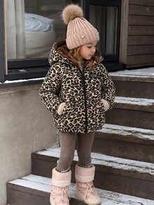 SHEIN Elladie kids 少女豹紋冬季外套，Y2K街頭風，秋冬校園健身穿搭，豹紋黑色上衣，天鵝絨加厚秋季夾克上衣 - 棕色 - 查看 2