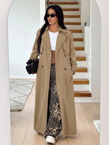 SHEIN EZwear Plus Size Women's Solid Color Overlap Fashion Elegant Versatile Spring/Autumn Travel Trench Coat Jacket Fall Office - Khaki - View 5