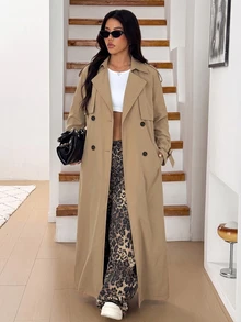 SHEIN EZwear Plus Size Women's Solid Color Overlap Fashion Elegant Versatile Spring/Autumn Travel Trench Coat Jacket Fall Office - Khaki - View 7