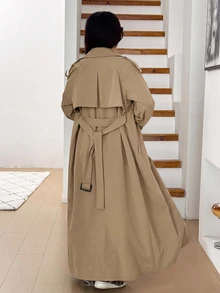 SHEIN EZwear Plus Size Women's Solid Color Overlap Fashion Elegant Versatile Spring/Autumn Travel Trench Coat Jacket Fall Office - Khaki - View 2