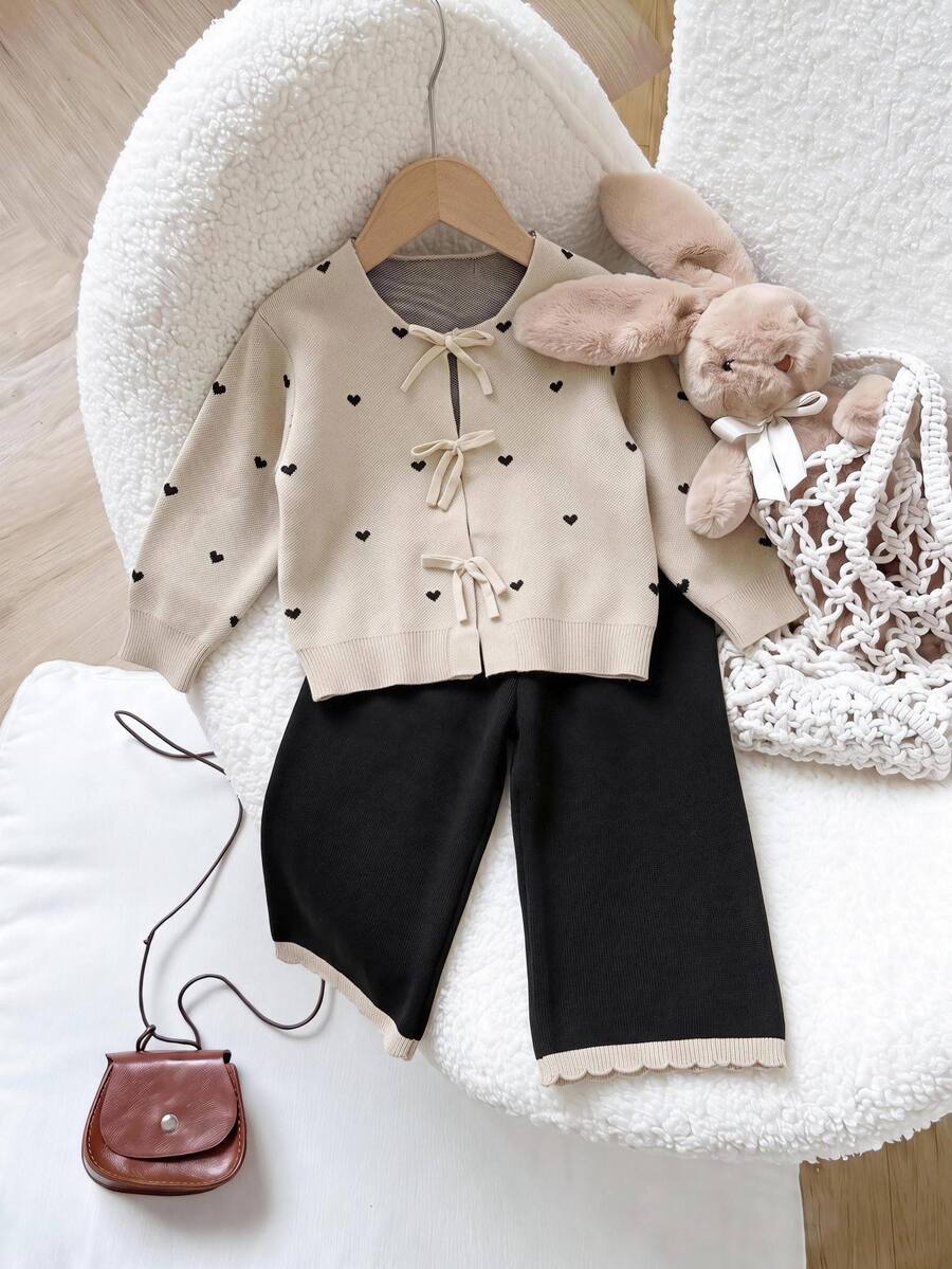 SHEIN Baby Girl Heart Pattern Cardigan & Knit Autumn Pants - Apricot - View 1