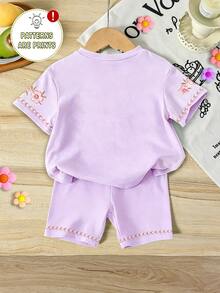 Lavender Summer Cute 3D Embroidered Large Flower Pearl Print Casual Kawaii Modest Minimalist Short Sleeve Round Neck T-Shirt And Shorts Set Outfit - Multicolor - View 2