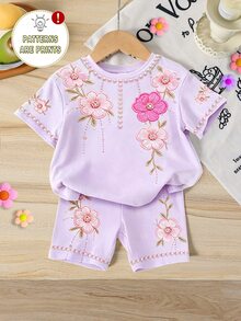 Lavender Summer Cute 3D Embroidered Large Flower Pearl Print Casual Kawaii Modest Minimalist Short Sleeve Round Neck T-Shirt And Shorts Set Outfit - Multicolor - View 3