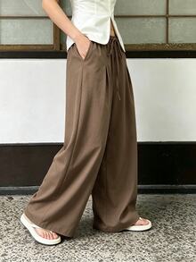 SHEIN Celana Panjang Kasual Mewah Warna Cokelat Kopi dengan Tali Serut dan Lipit, Potongan Lebar, untuk Sehari-hari di Kantor dan Musim Panas - Coffee Brown - View 3