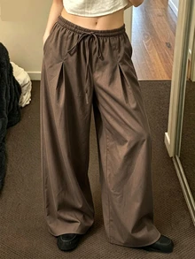 SHEIN Celana Panjang Kasual Mewah Warna Cokelat Kopi dengan Tali Serut dan Lipit, Potongan Lebar, untuk Sehari-hari di Kantor dan Musim Panas - Coffee Brown - View 5