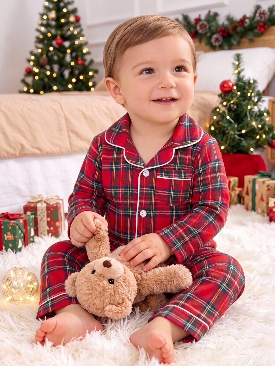 Baby Boy Tartan Print Contrast Piping PJ Set Autumn Winter - Red - View 1