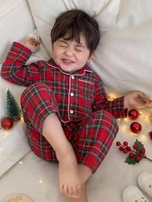Baby Boy Tartan Print Contrast Piping PJ Set Autumn Winter - Red - View 8
